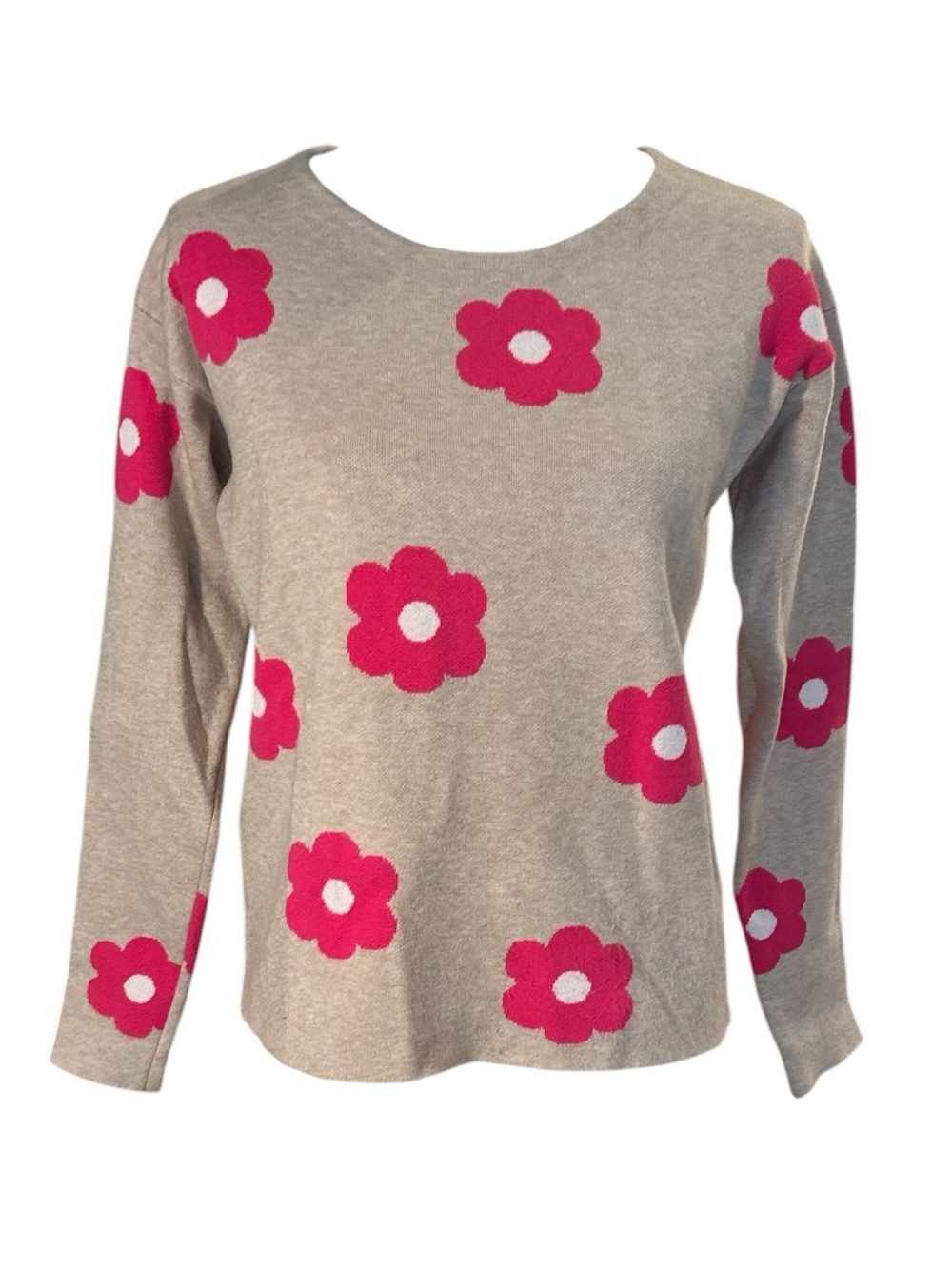 Tahari Greige Sweater with Pink Flower Accents